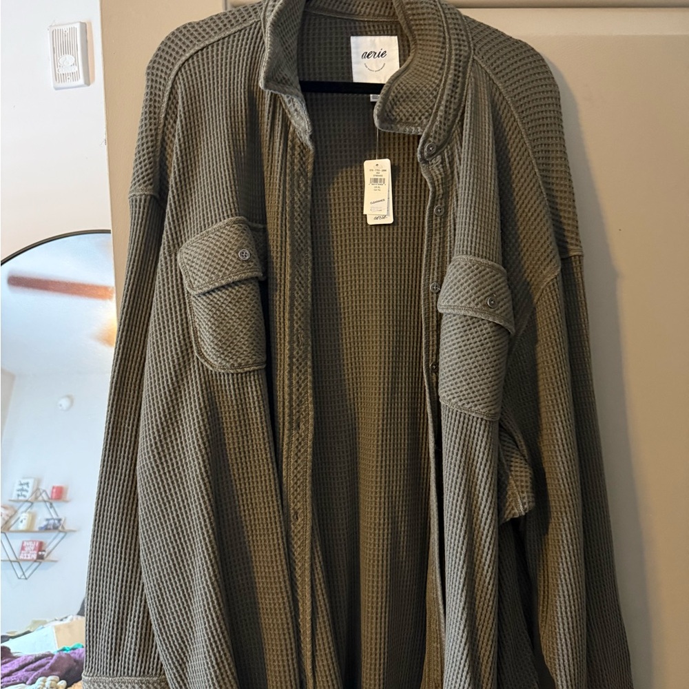 Aerie Olive Waffle Knit Shirt Jacket